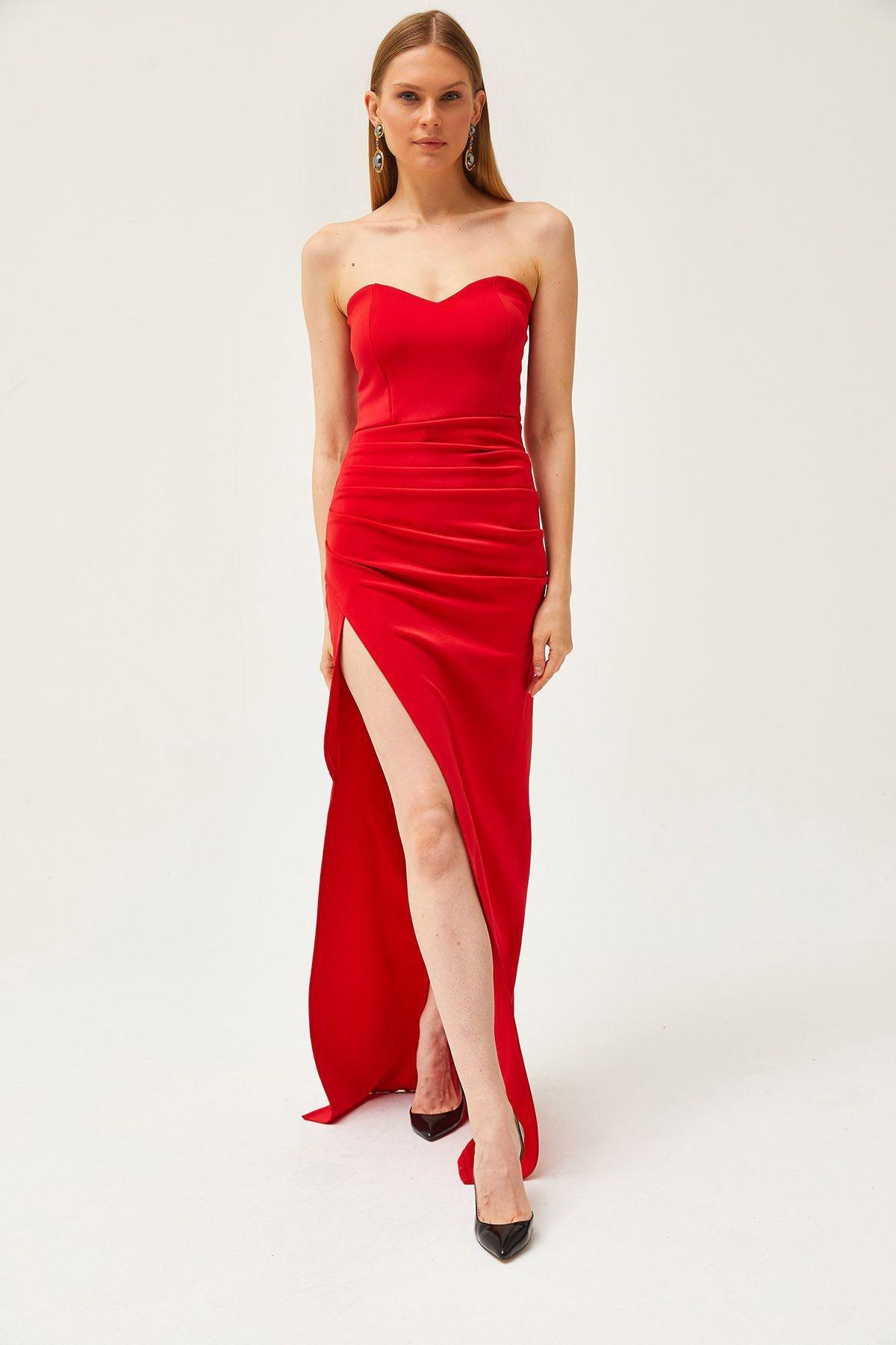 Red Deep Slit Strapless Long Dress, Red, large image number 3