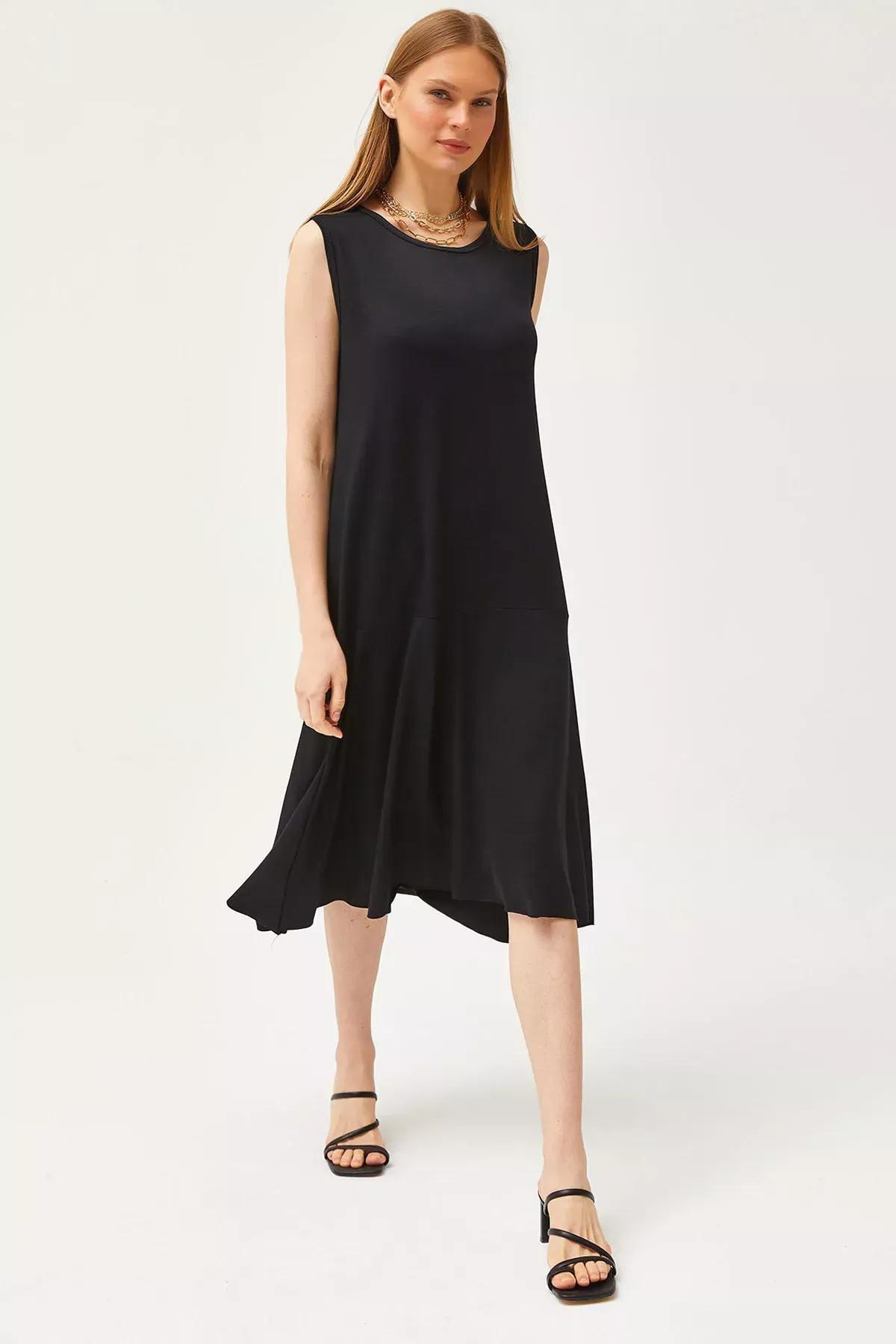 Black Plain Slip Midi Dress, , large image number 0