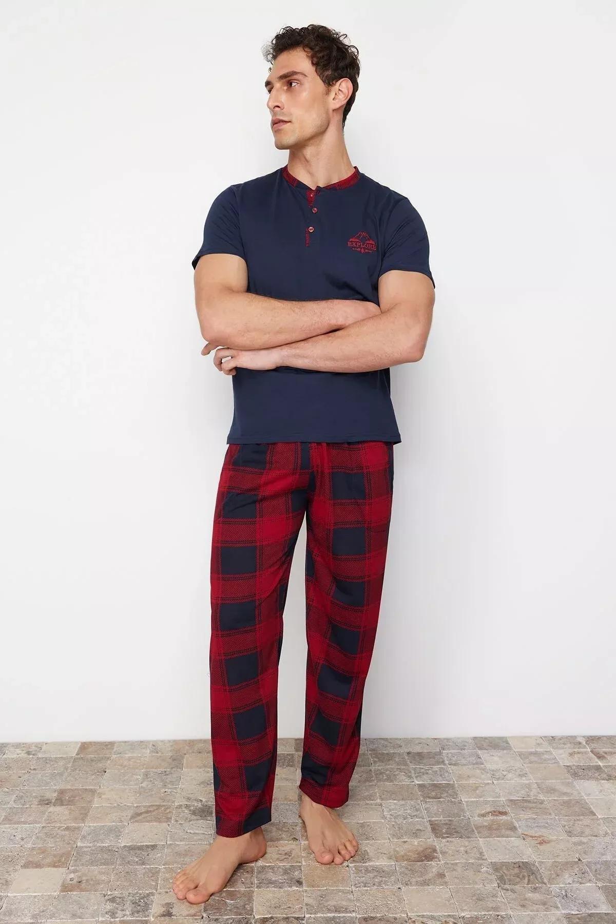Navy Blue Regular Fit Plaid Knitted Pajama Set TMNSS24PT00037, DARK BLUE, large image number 0