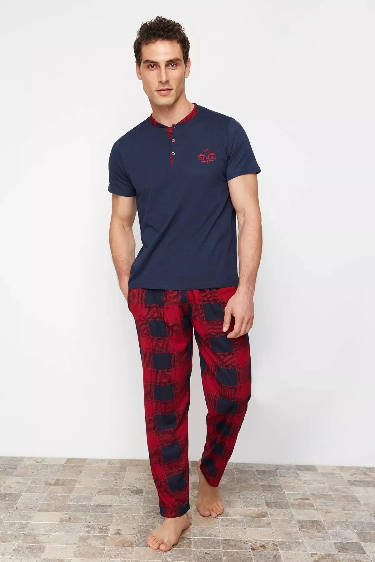 Navy Blue Regular Fit Plaid Knitted Pajama Set TMNSS24PT00037, DARK BLUE, large image number 1