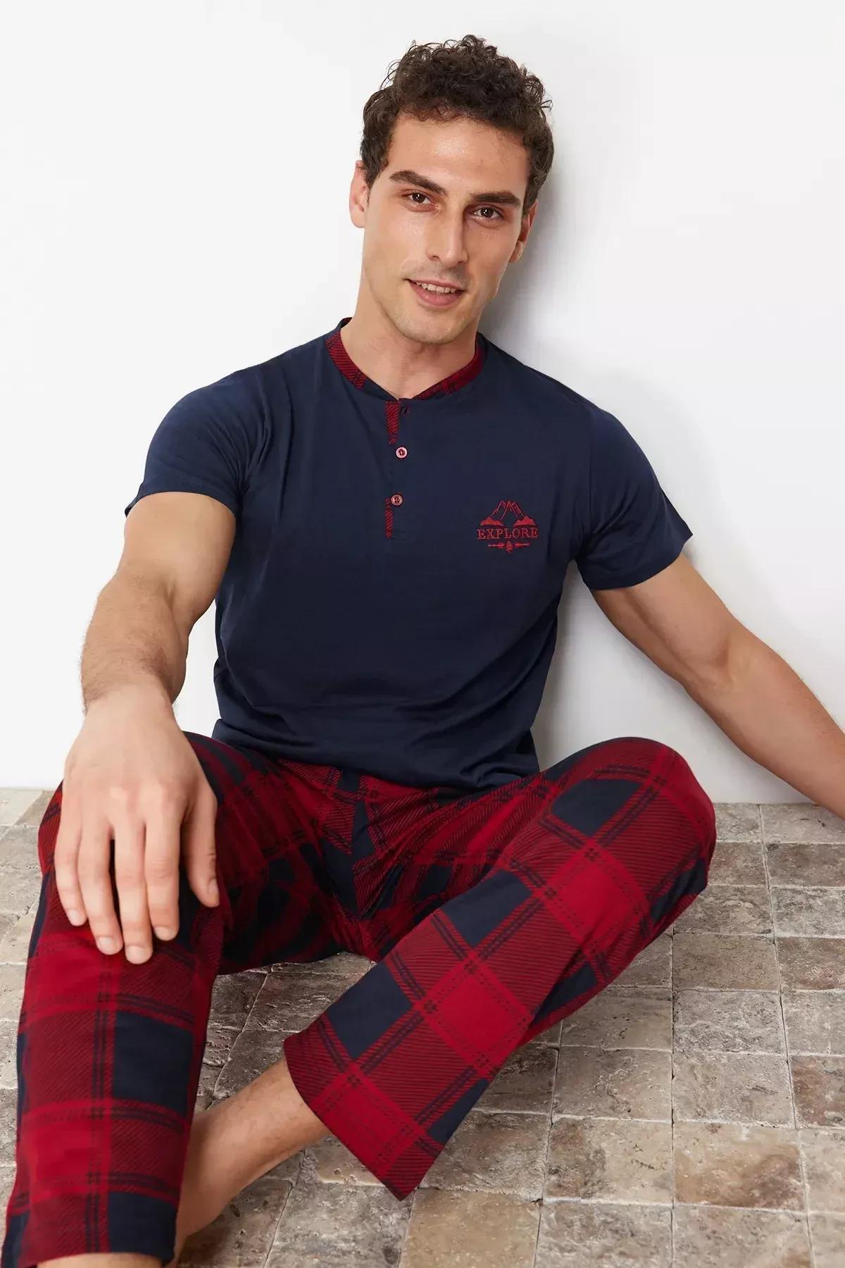 Navy Blue Regular Fit Plaid Knitted Pajama Set TMNSS24PT00037, DARK BLUE, large image number 2