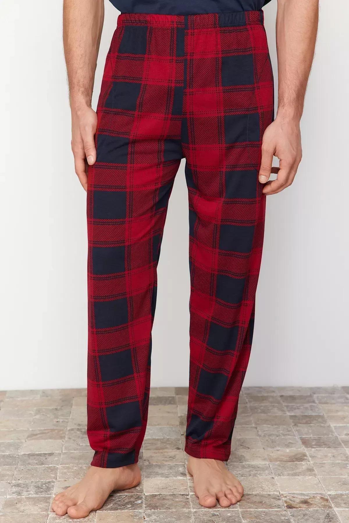 Navy Blue Regular Fit Plaid Knitted Pajama Set TMNSS24PT00037, DARK BLUE, large image number 4