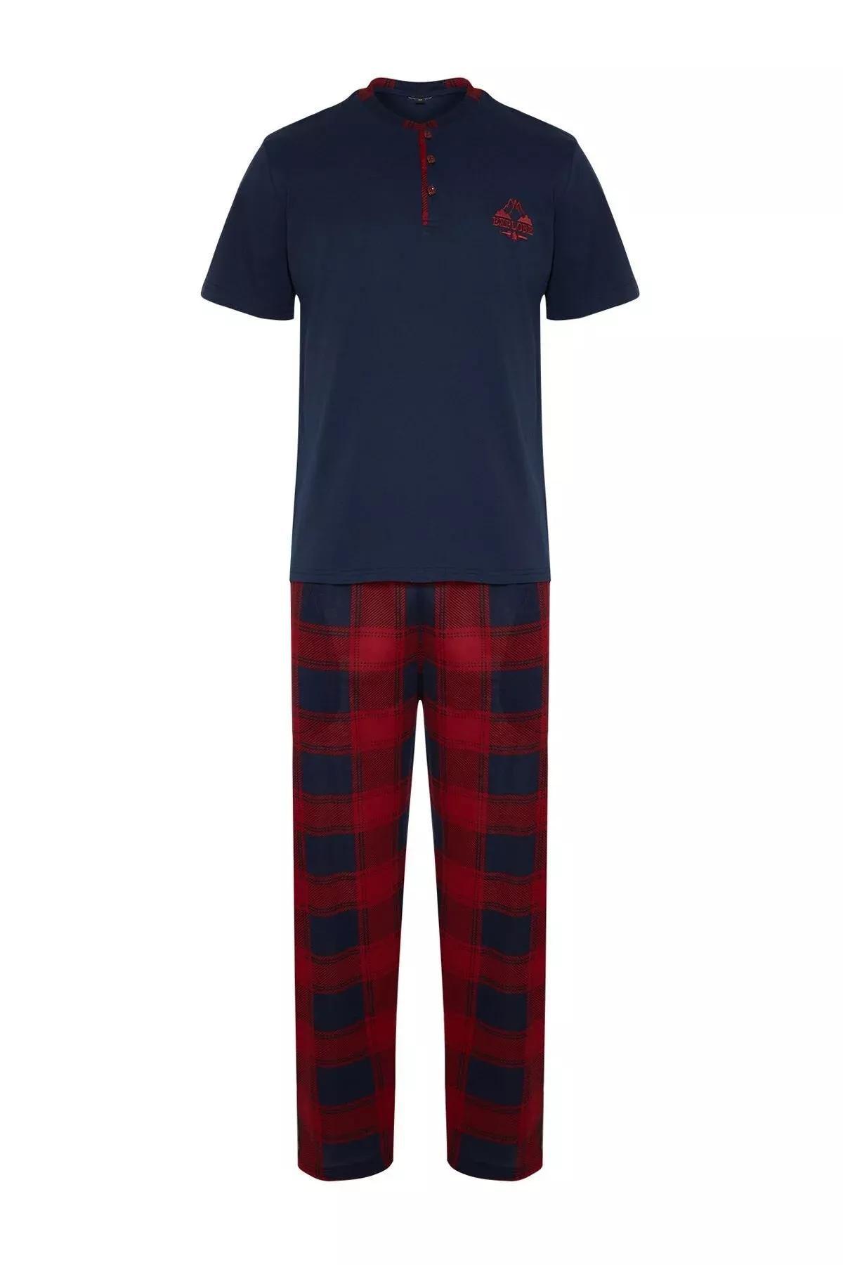 Navy Blue Regular Fit Plaid Knitted Pajama Set TMNSS24PT00037, DARK BLUE, large image number 5