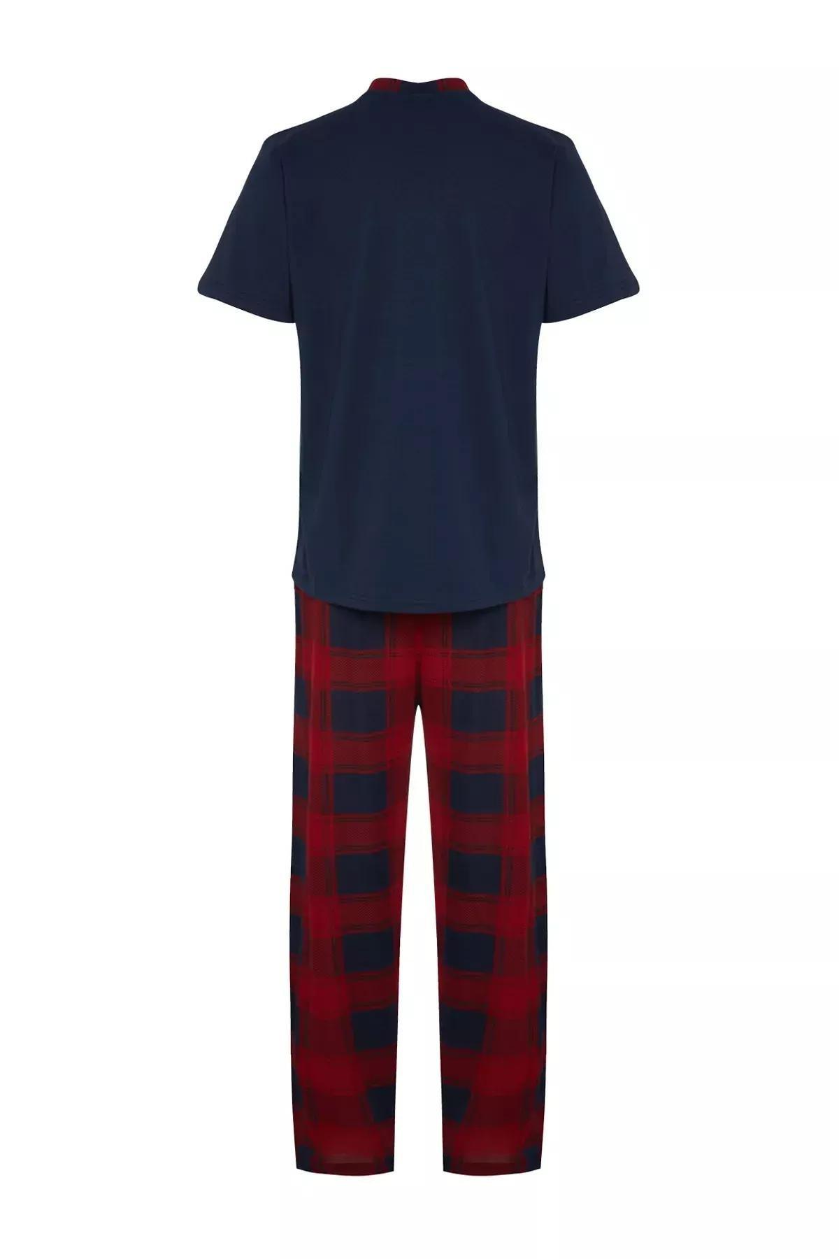 Navy Blue Regular Fit Plaid Knitted Pajama Set TMNSS24PT00037, DARK BLUE, large image number 6