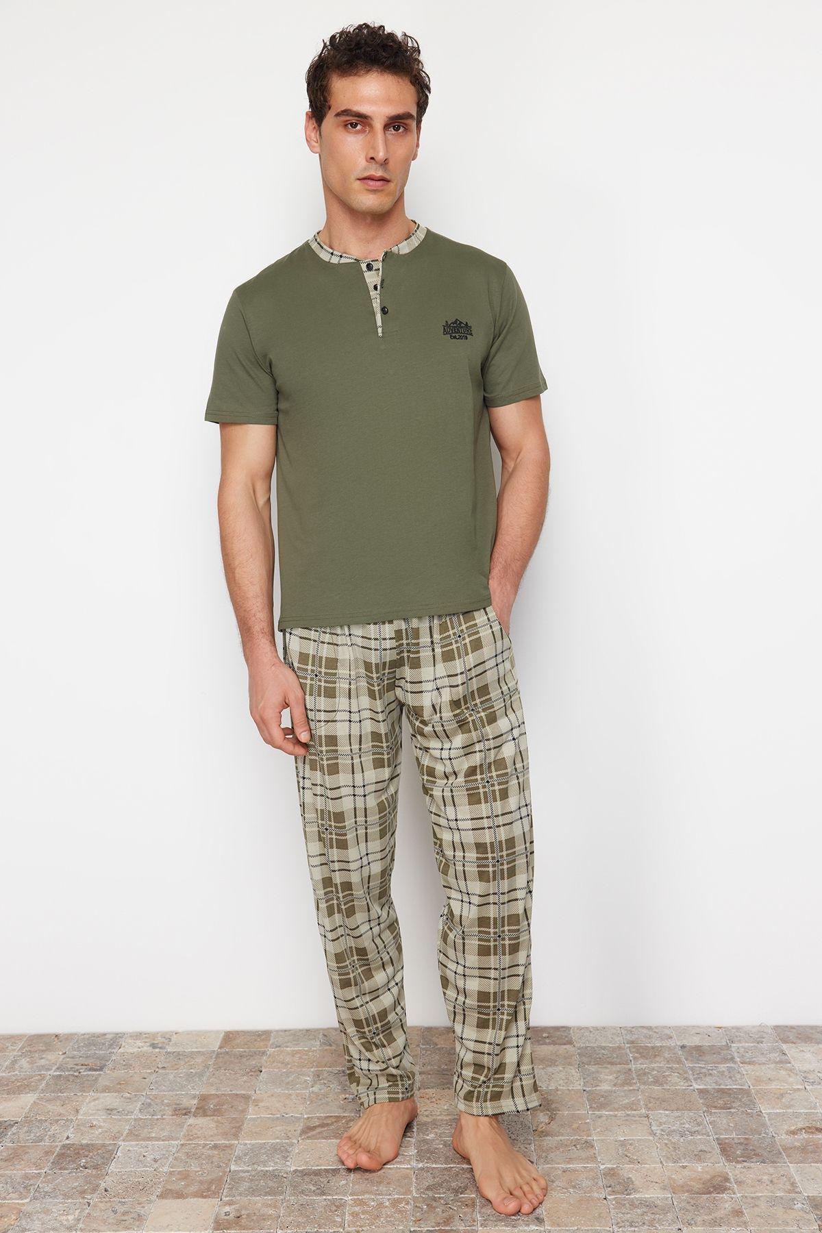 Khaki Regular Fit Plaid Knitted Pajama Set TMNSS24PT00037, , large image number 0