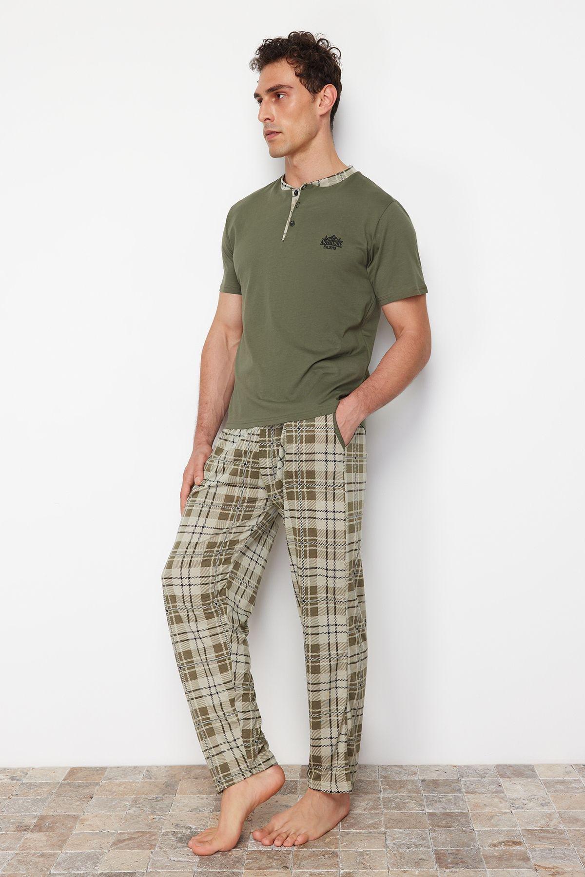 Khaki Regular Fit Plaid Knitted Pajama Set TMNSS24PT00037, , large image number 2