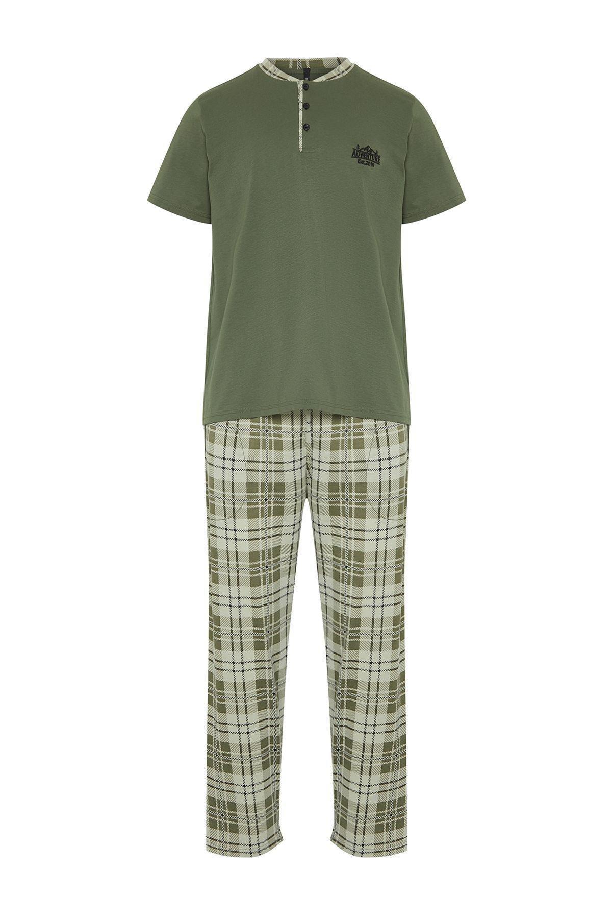 Khaki Regular Fit Plaid Knitted Pajama Set TMNSS24PT00037, , large image number 5