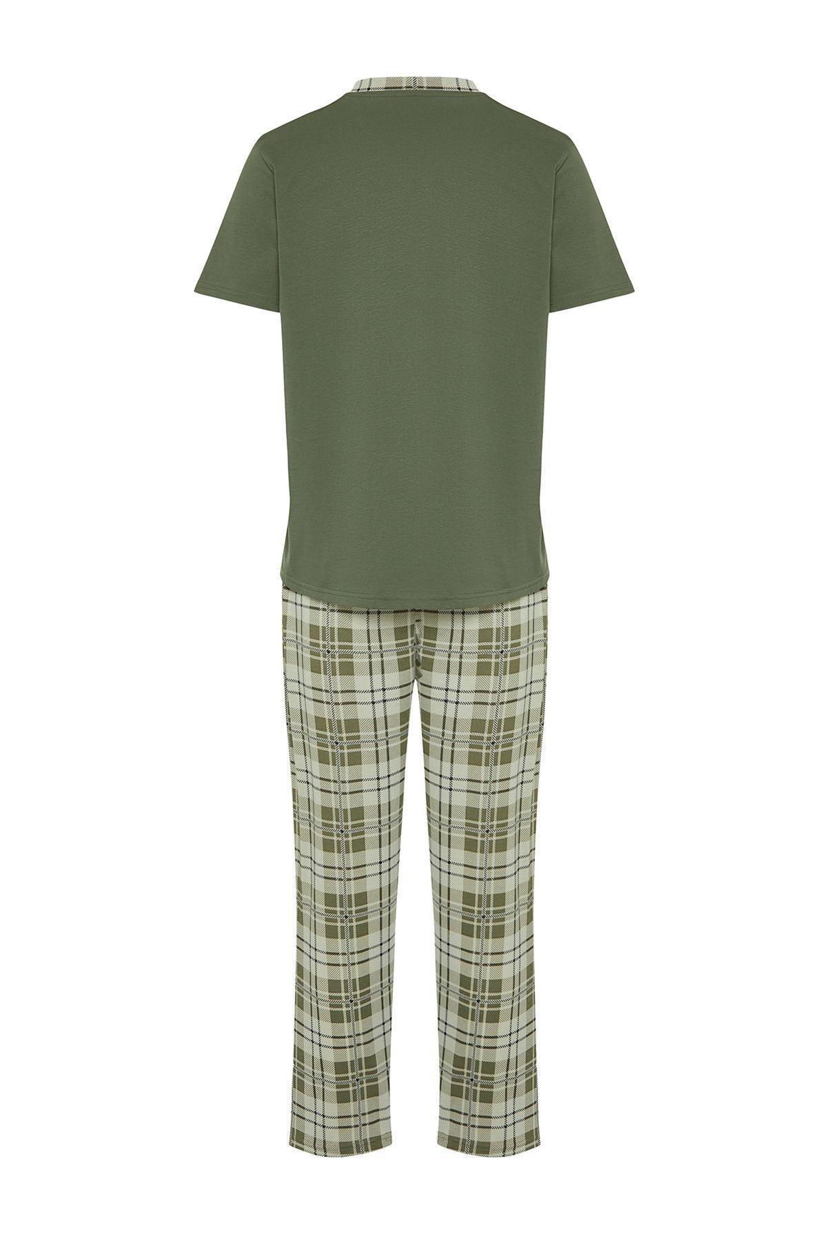 Khaki Regular Fit Plaid Knitted Pajama Set TMNSS24PT00037, , large image number 6