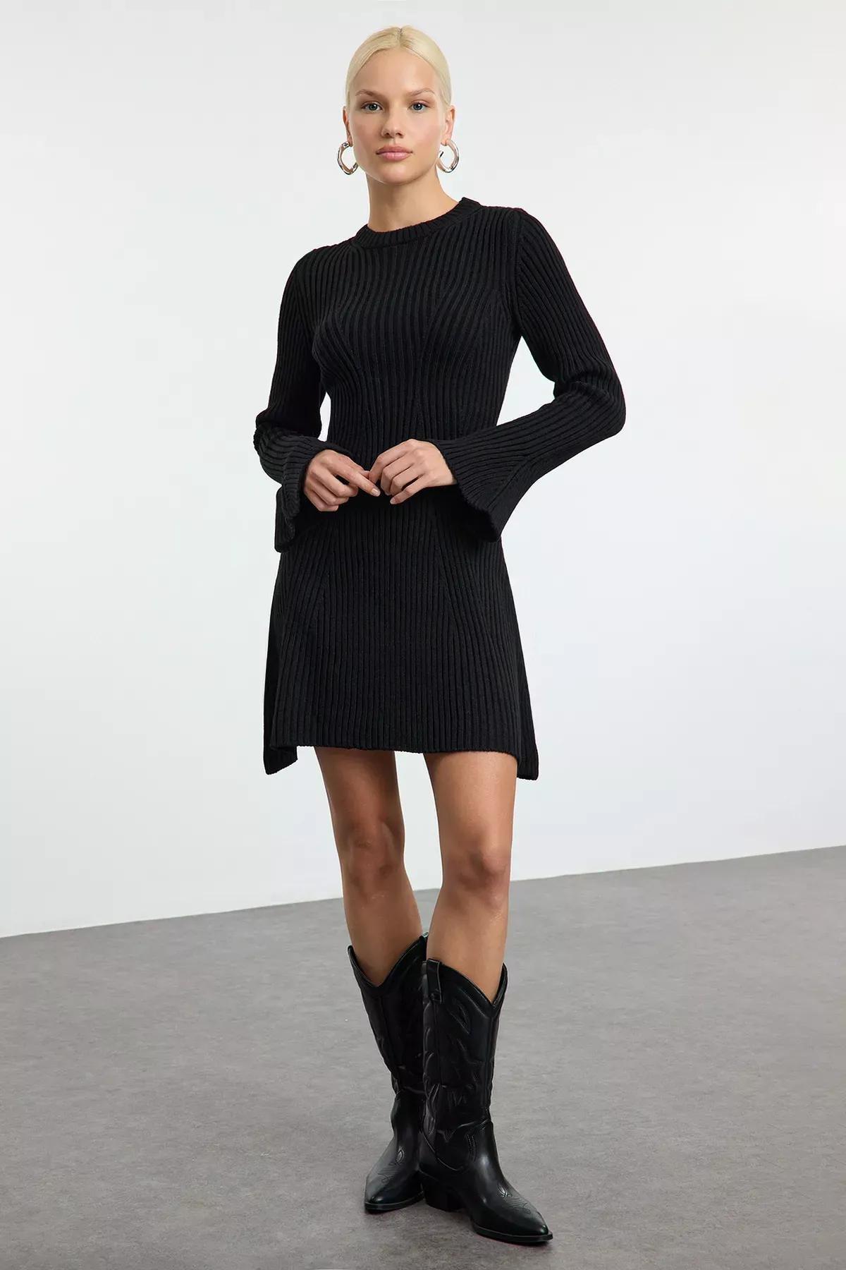 Black Mini Knit A-Line Form Fit Dress, , large image number 1