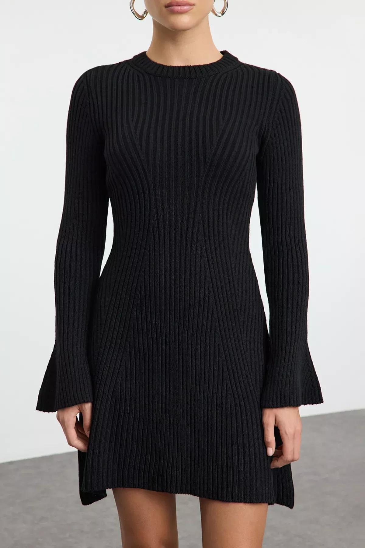 Black Mini Knit A-Line Form Fit Dress, , large image number 2