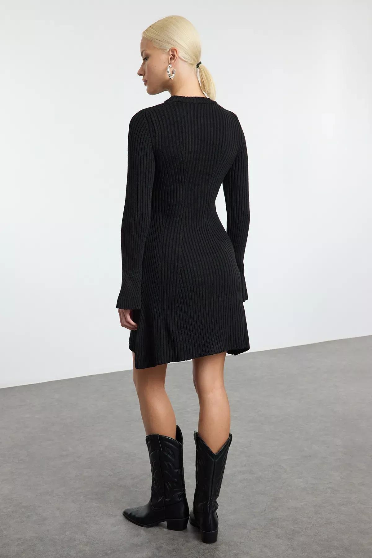 Black Mini Knit A-Line Form Fit Dress, , large image number 4