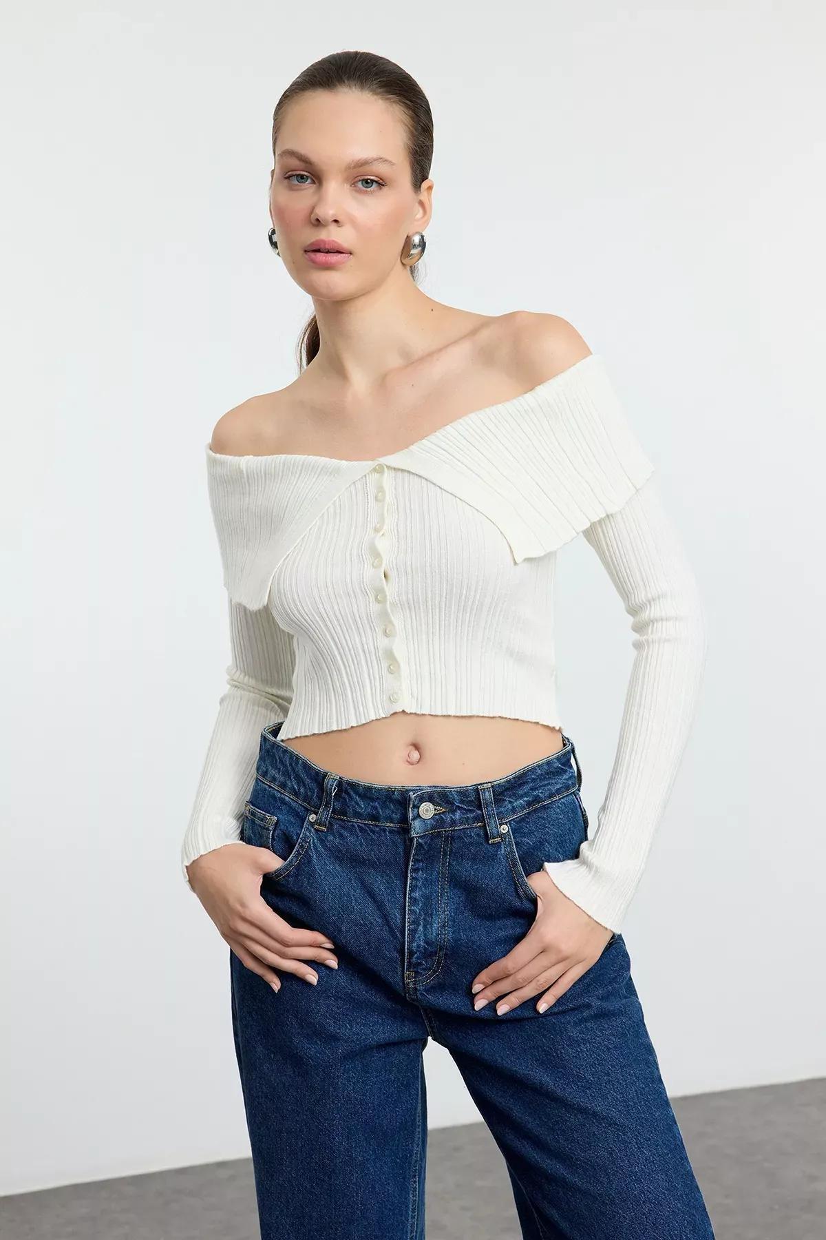 Beige Premium Yarn Crop Cardigan, Ecru, large image number 0