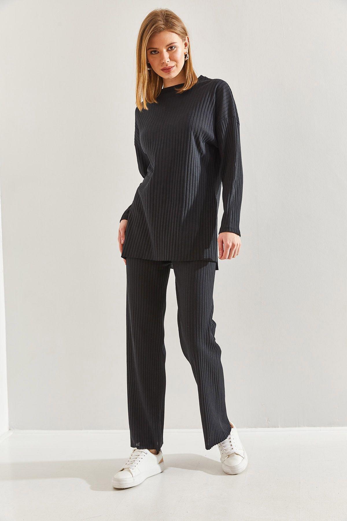 Black Ribbed Detailed Co-Ord Set, , large image number 0