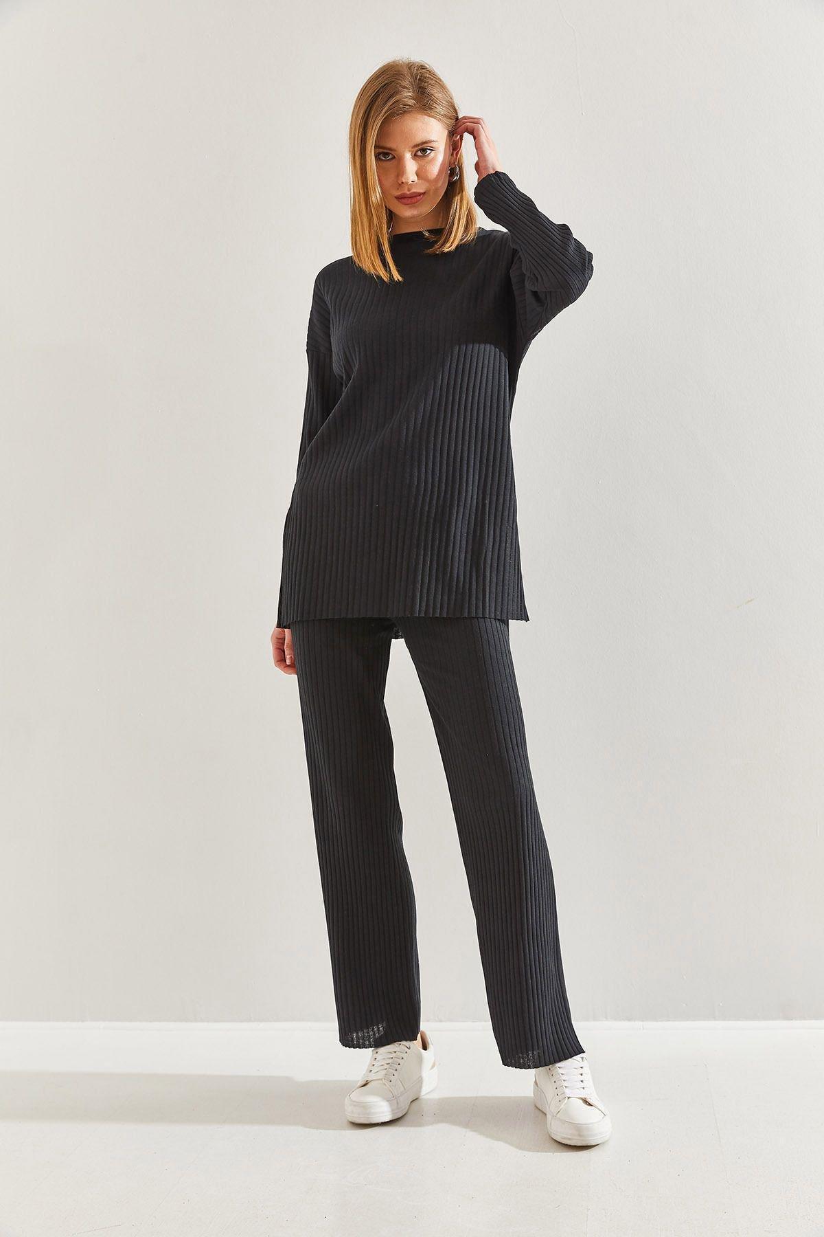 Black Ribbed Detailed Co-Ord Set, , large image number 1