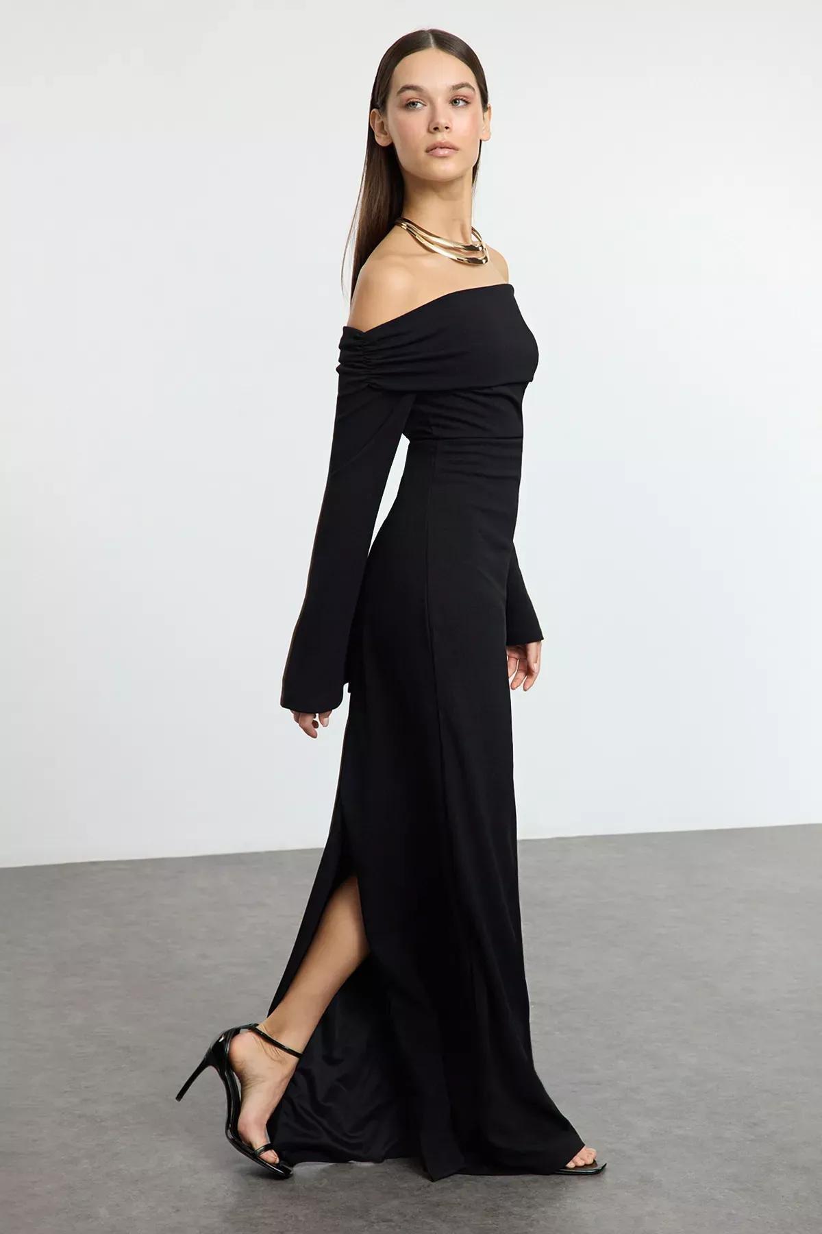 Black Knitted Long Stylish Occasionwear Dress, BLACK, large image number 1