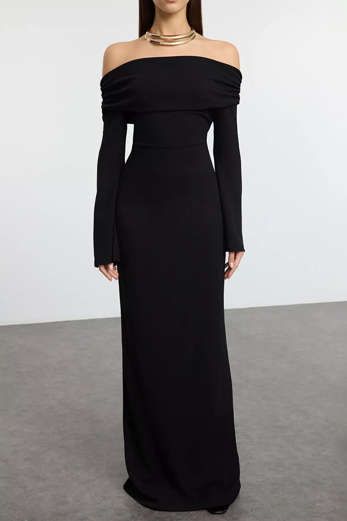 Black Knitted Long Stylish Occasionwear Dress, BLACK, medium