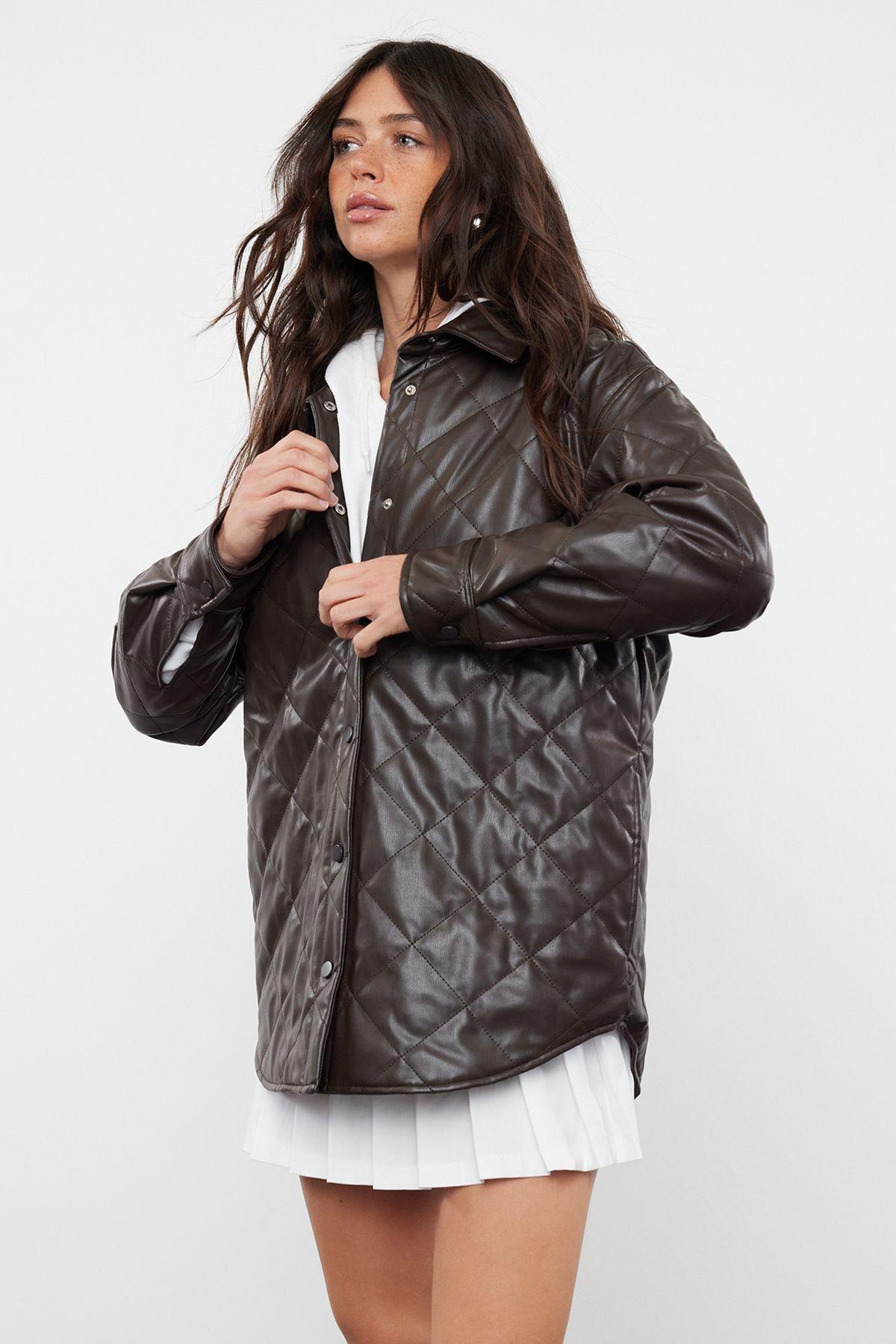 Dark Brown Regular Fit Faux Leather Shacket Quilted Jacket Coat TWOAW25MO00101, , large image number 0