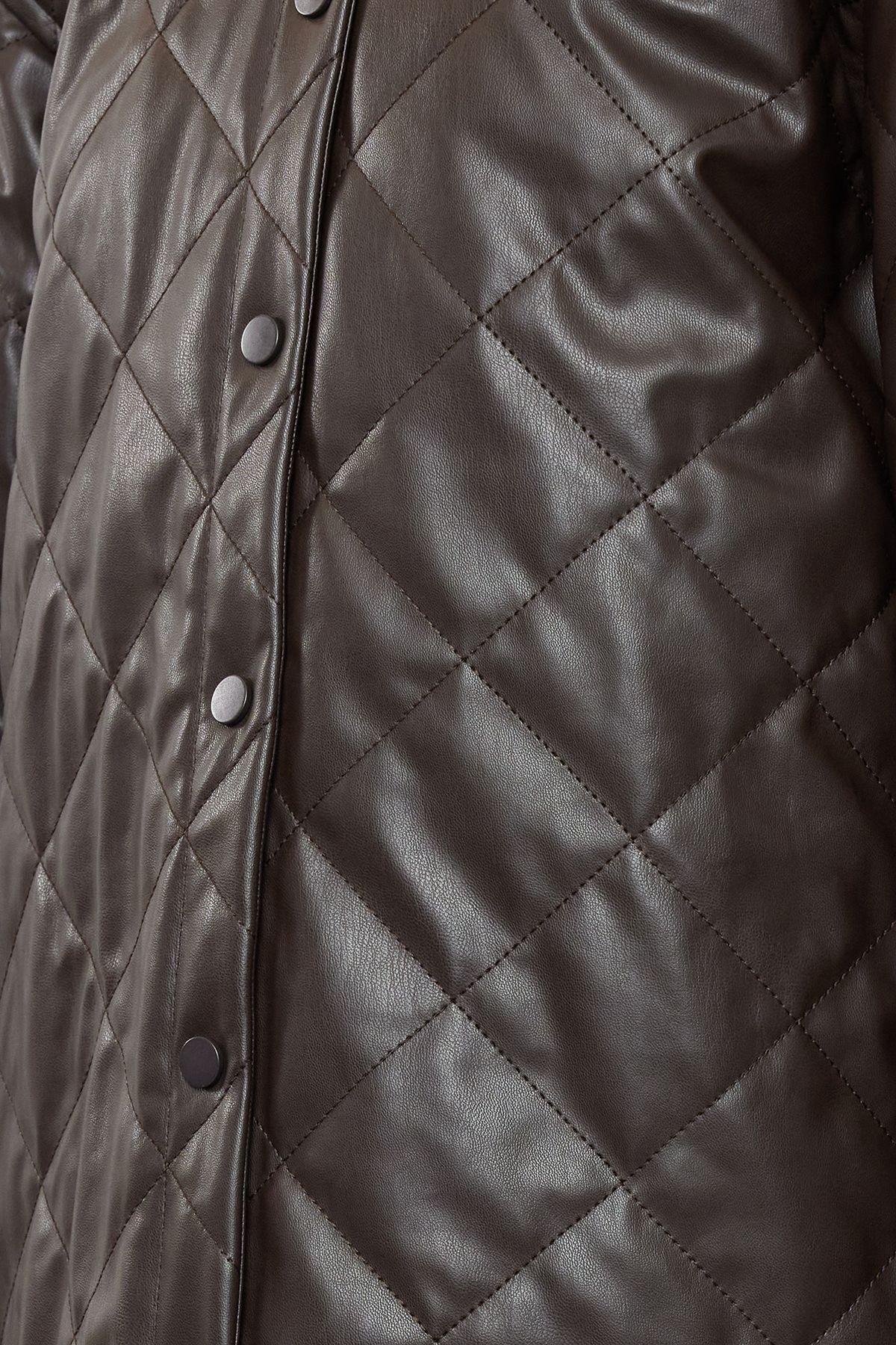 Dark Brown Regular Fit Faux Leather Shacket Quilted Jacket Coat TWOAW25MO00101, , large image number 2