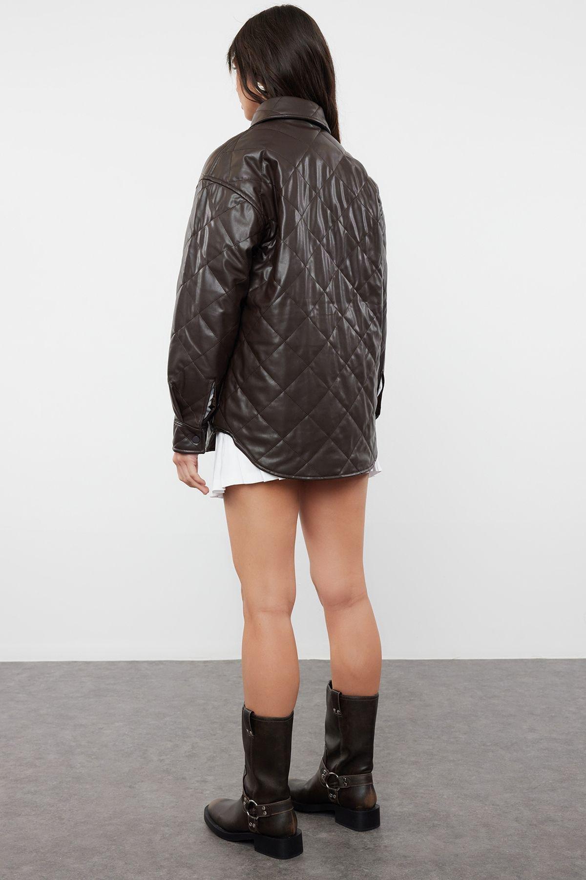 Dark Brown Regular Fit Faux Leather Shacket Quilted Jacket Coat TWOAW25MO00101, , large image number 3