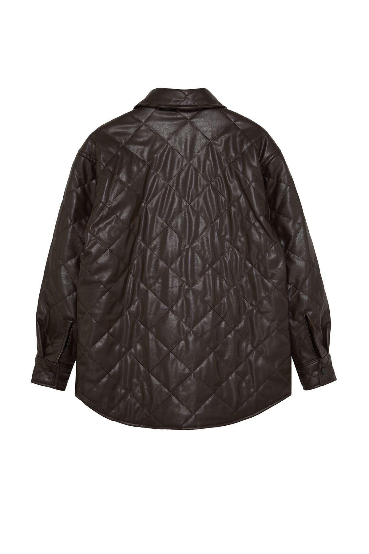 Dark Brown Regular Fit Faux Leather Shacket Quilted Jacket Coat TWOAW25MO00101, , large image number 4