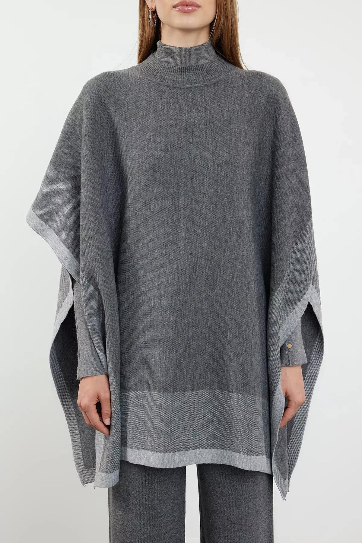 Grey Colorblock Knit Poncho Set, Grey, large image number 2