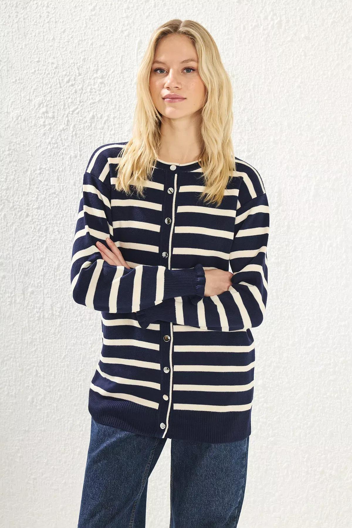 Navy Striped Cardigan, Navy blue, large image number 0