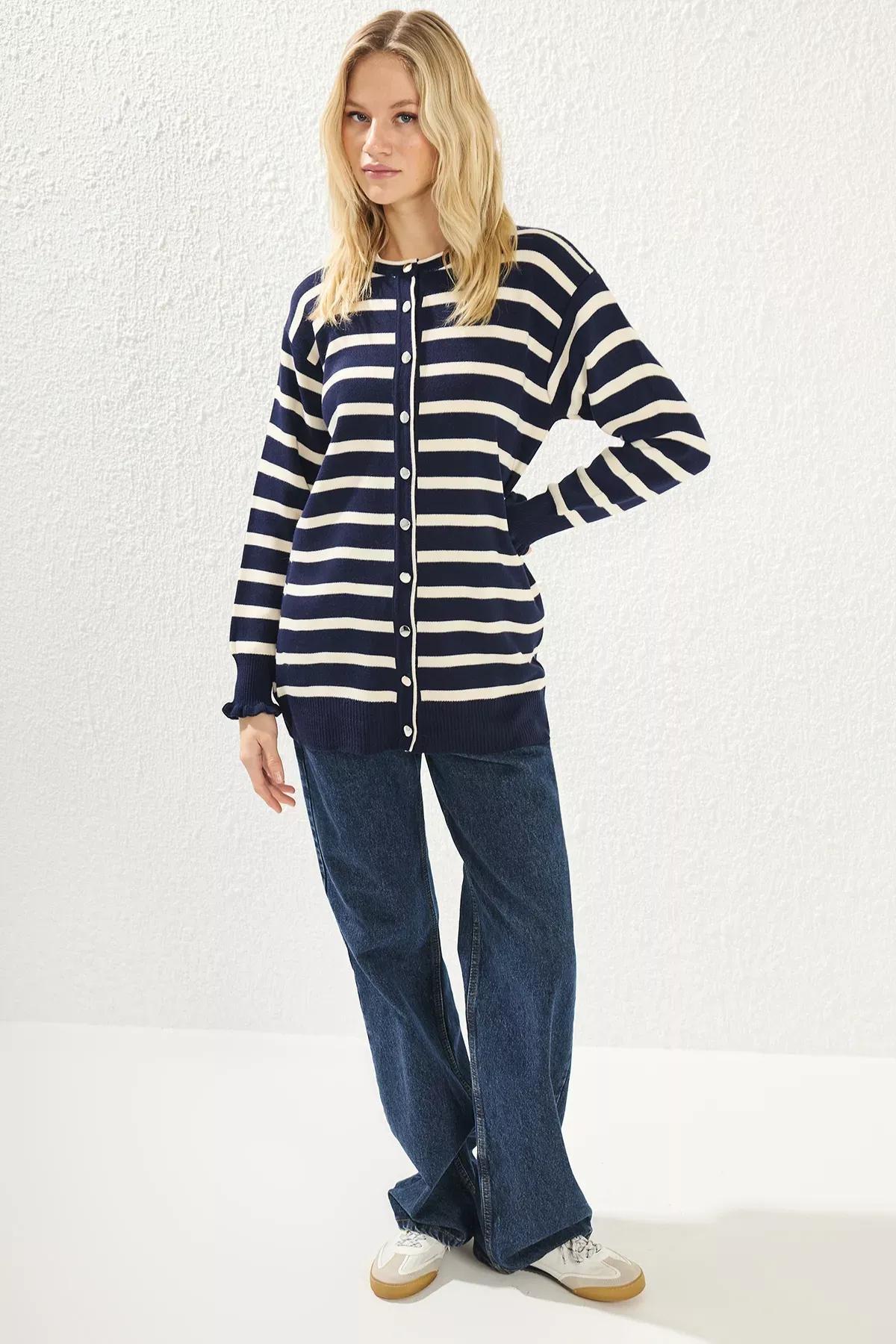 Navy Striped Cardigan, Navy blue, large image number 1