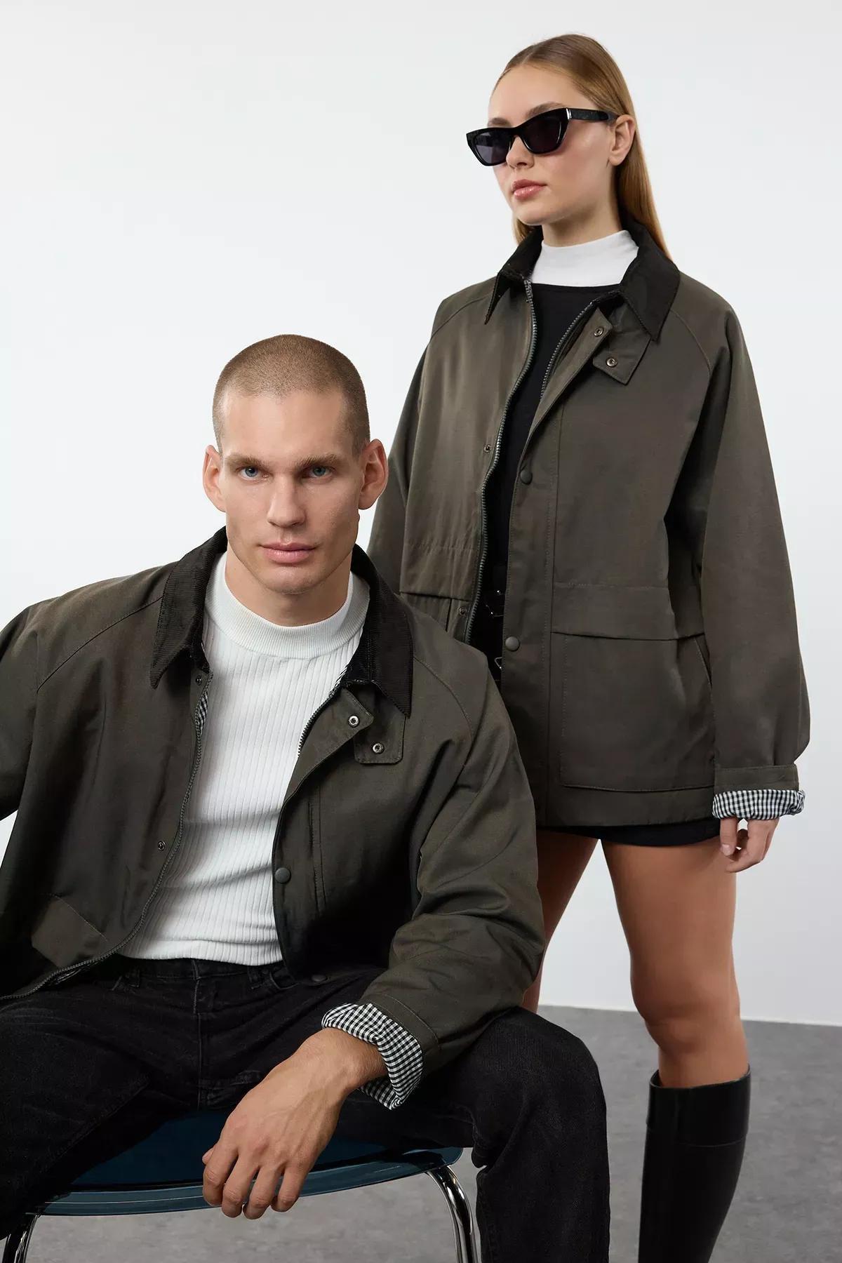 Green Velvet Collar Seasonal Coat, Khaki, medium