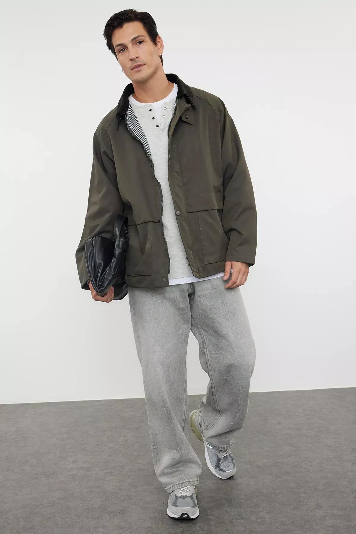 Green Velvet Collar Seasonal Coat, Khaki, medium