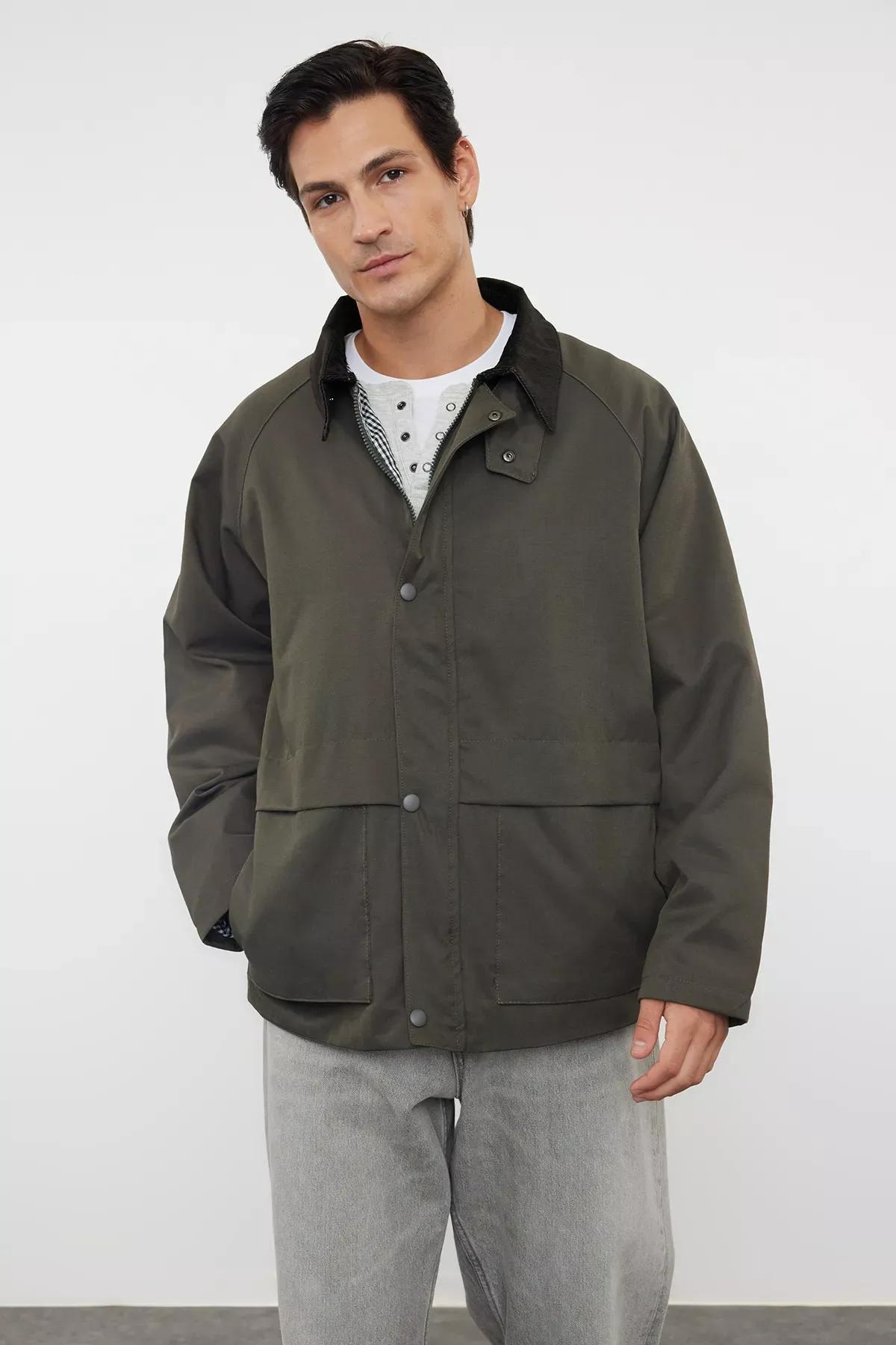 Green Velvet Collar Seasonal Coat, Khaki, medium