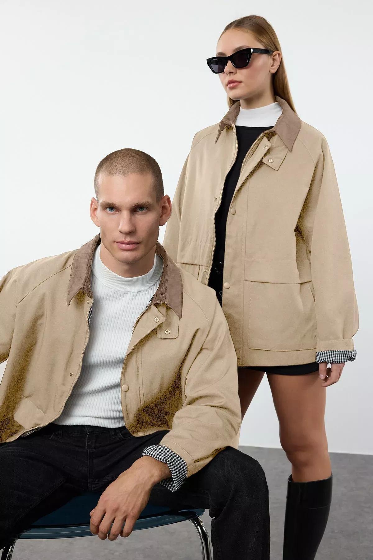 Grey Velvet Collar Seasonal Coat, STONE, medium