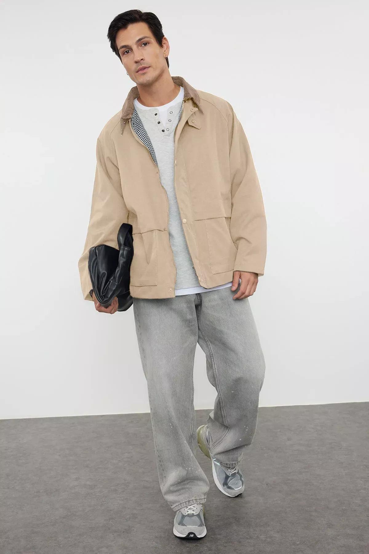 Grey Velvet Collar Seasonal Coat, STONE, medium