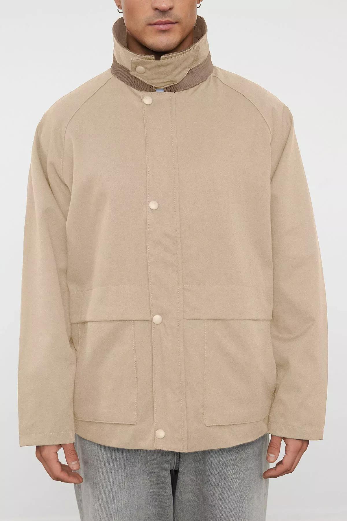 Grey Velvet Collar Seasonal Coat, STONE, medium