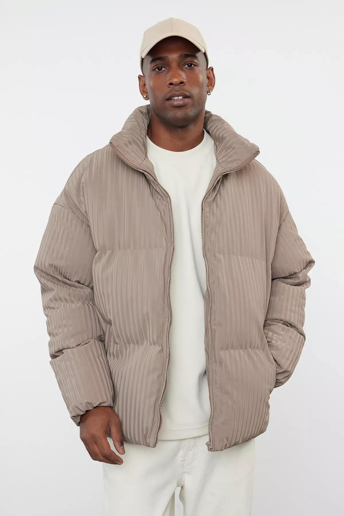 Grey Oversize Stand Collar Puffer Coat, Mink, medium