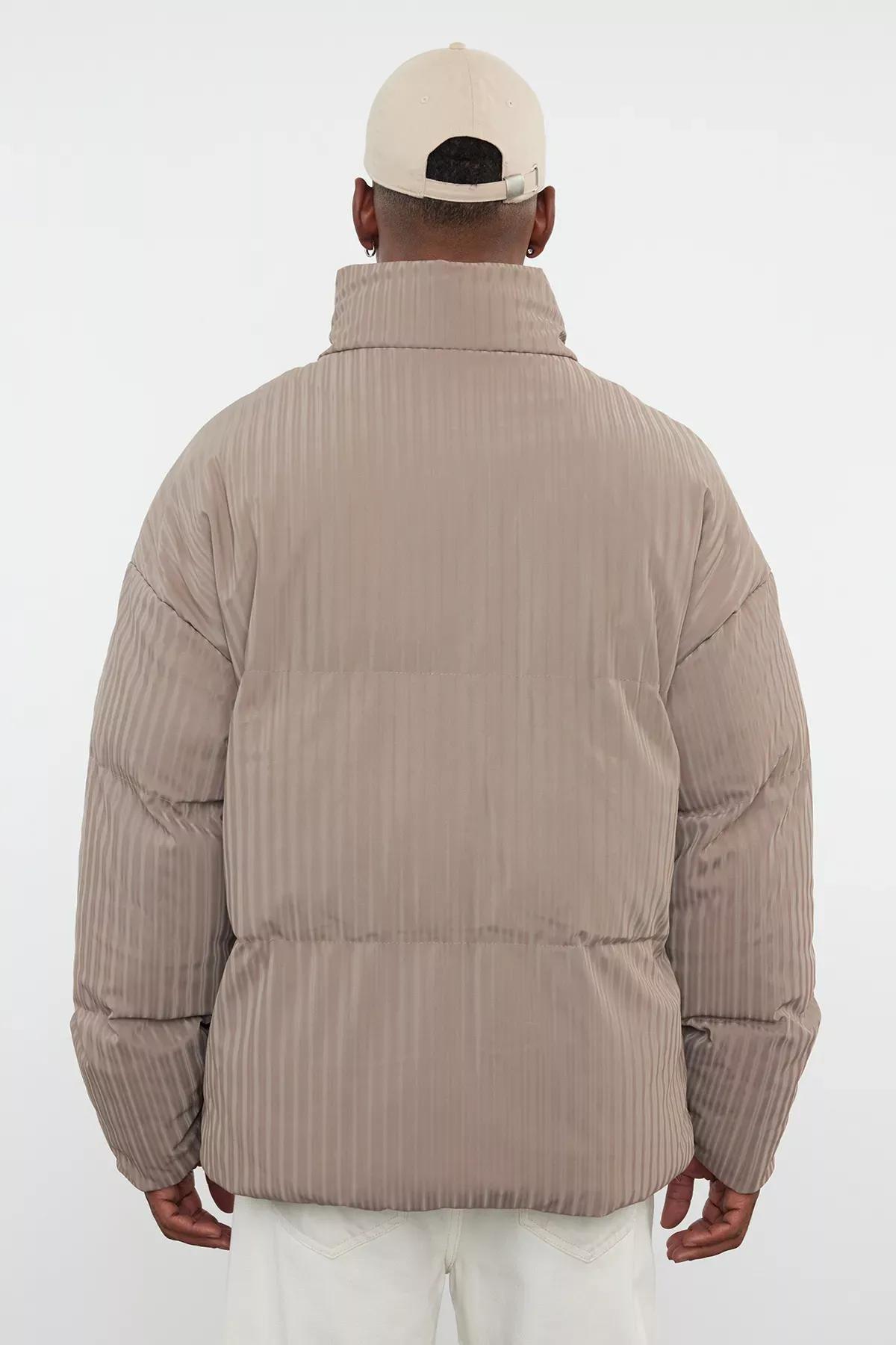 Grey Oversize Stand Collar Puffer Coat, Mink, medium