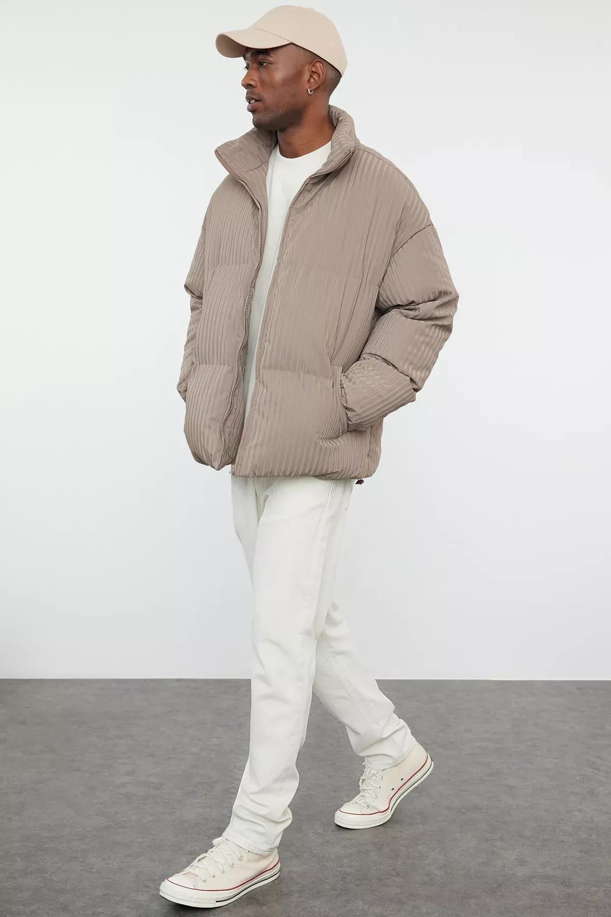 Grey Oversize Stand Collar Puffer Coat, Mink, medium