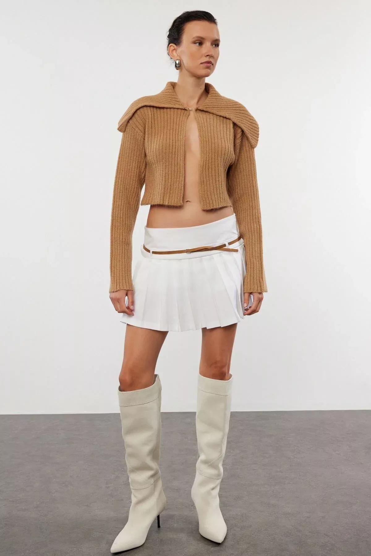 Camel Super Crop Knit Cardigan, CAMEL, large image number 1