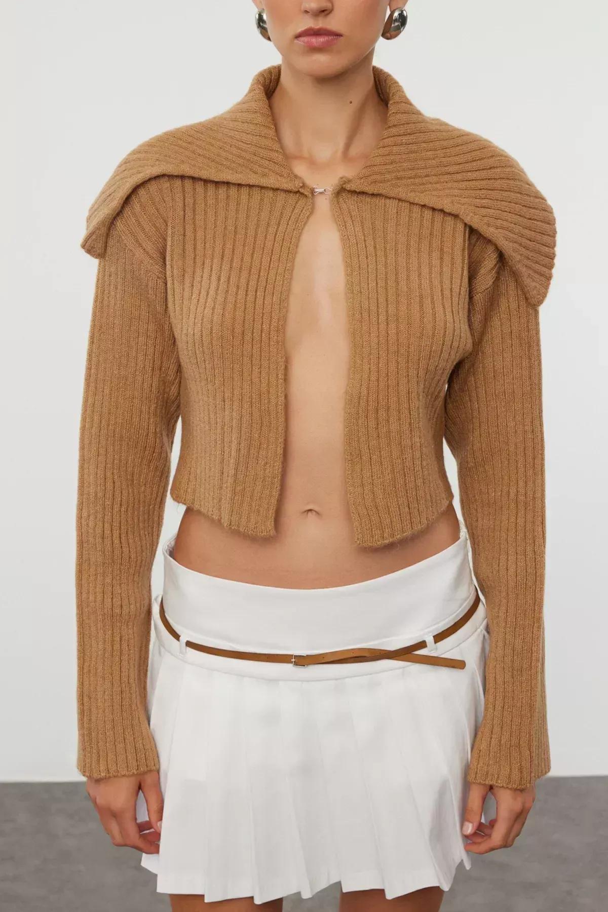 Camel Super Crop Knit Cardigan, CAMEL, large image number 2