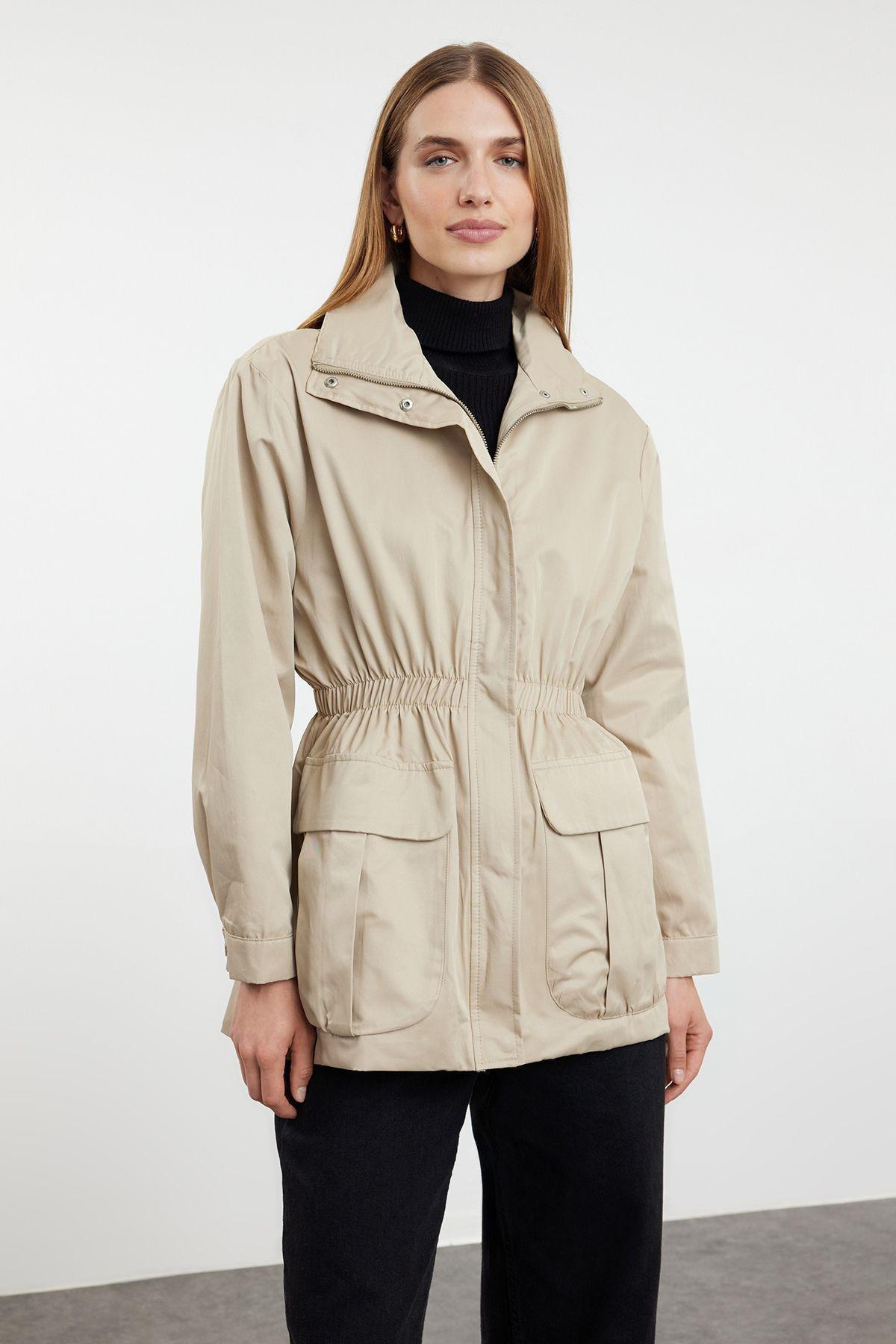 Beige Oversize Elastic Waist Zippered Windbreaker Coat TWOAW25MO00075, Beige, large image number 0
