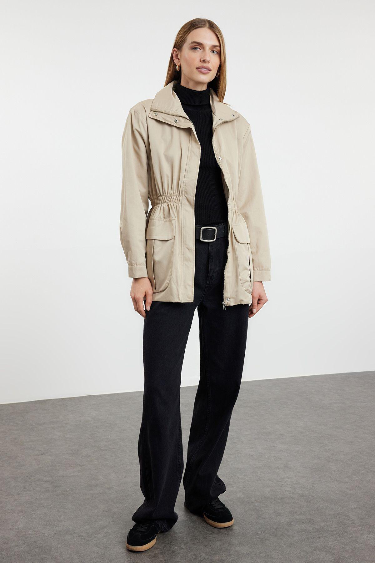 Beige Oversize Elastic Waist Zippered Windbreaker Coat TWOAW25MO00075, Beige, large image number 1