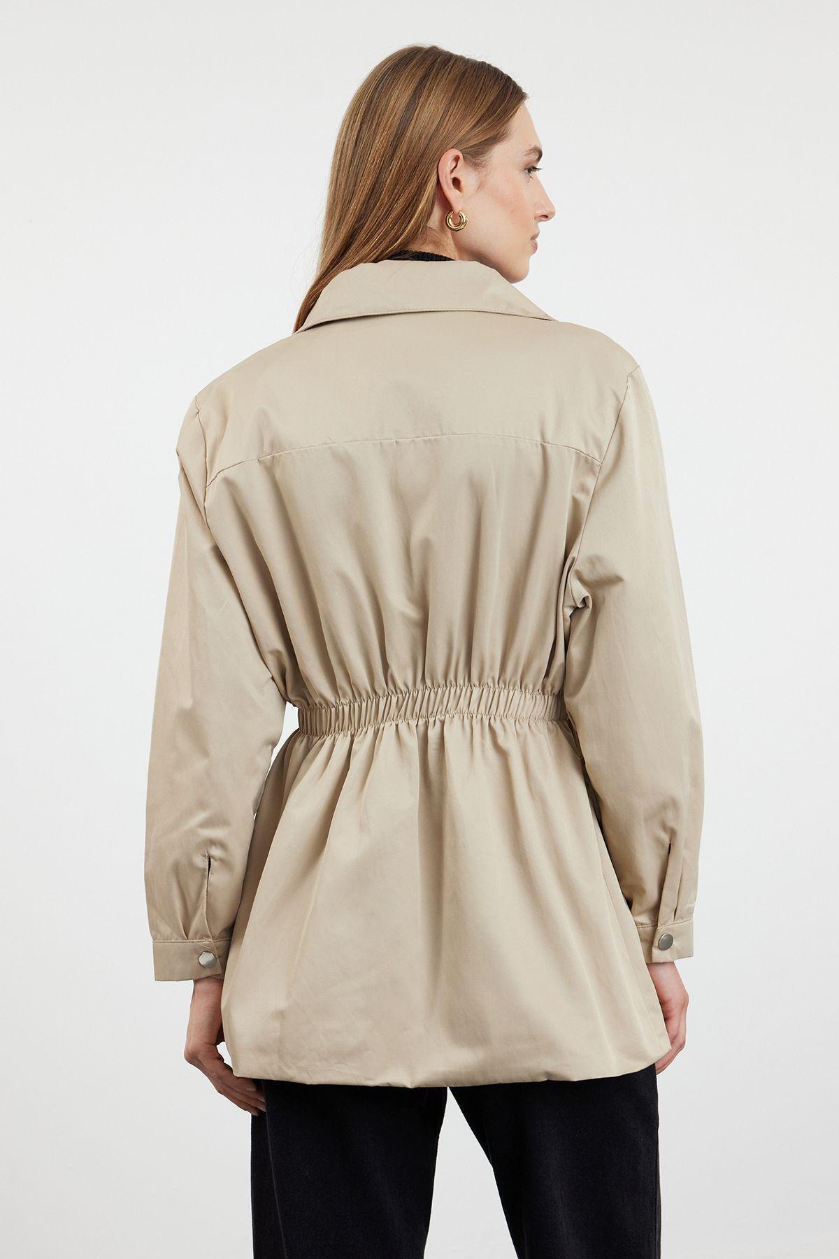 Beige Oversize Elastic Waist Zippered Windbreaker Coat TWOAW25MO00075, Beige, large image number 4
