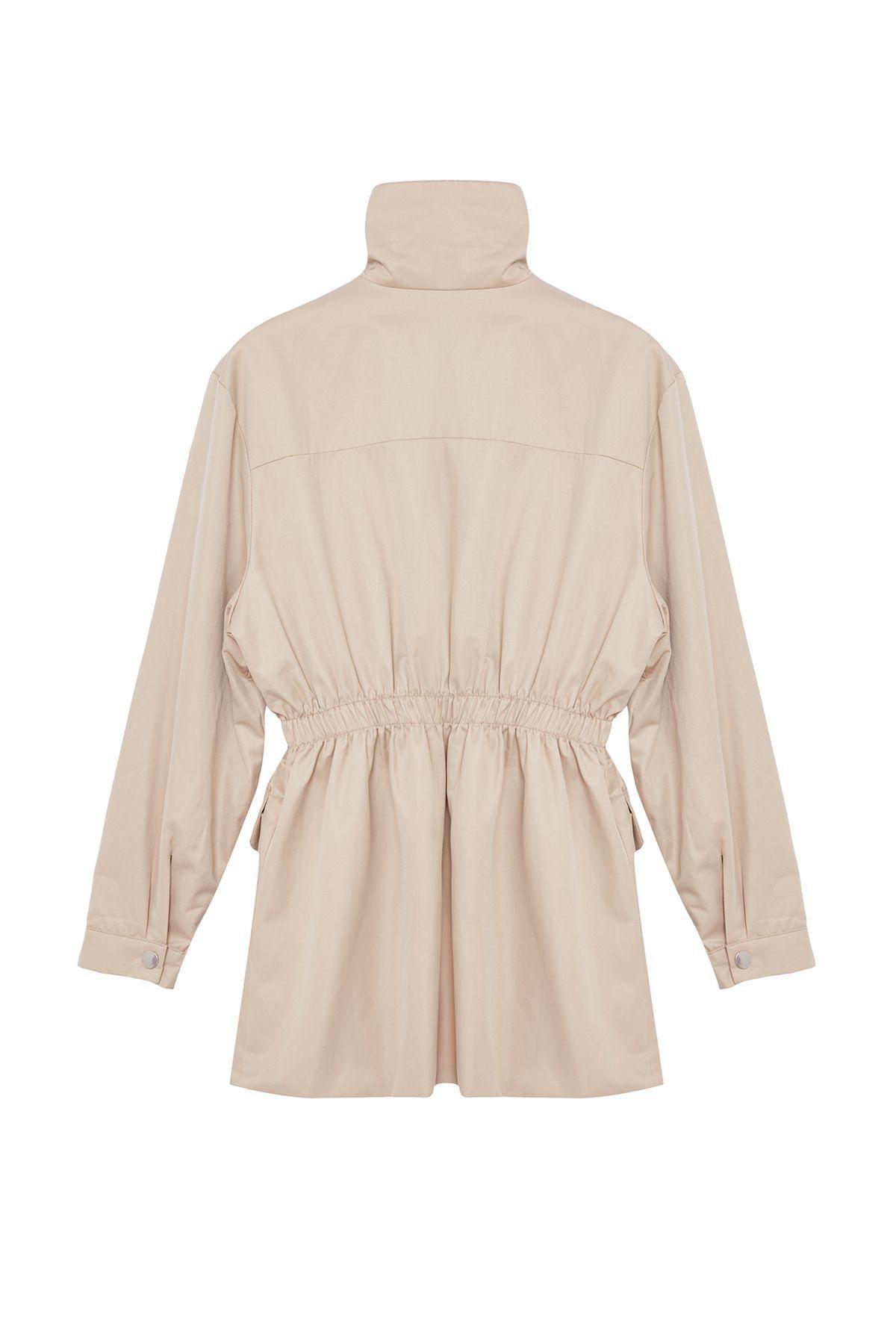 Beige Oversize Elastic Waist Zippered Windbreaker Coat TWOAW25MO00075, Beige, large image number 5