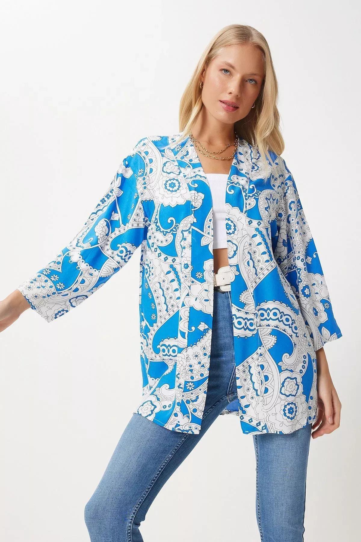 كيمونو بنمط منقوش، ألوان متعددة, Blue White, medium