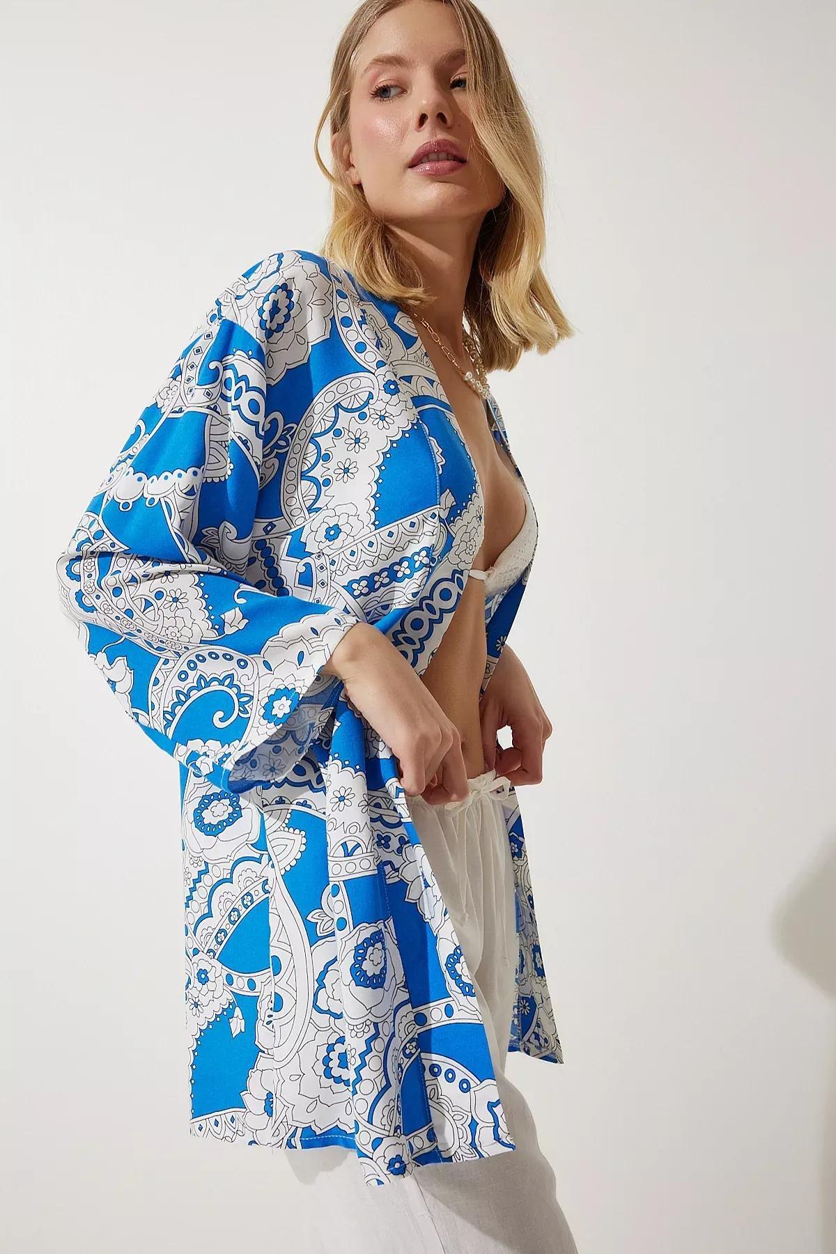 Blue Patterned Viscose Kimono EN00615, , large image number 1