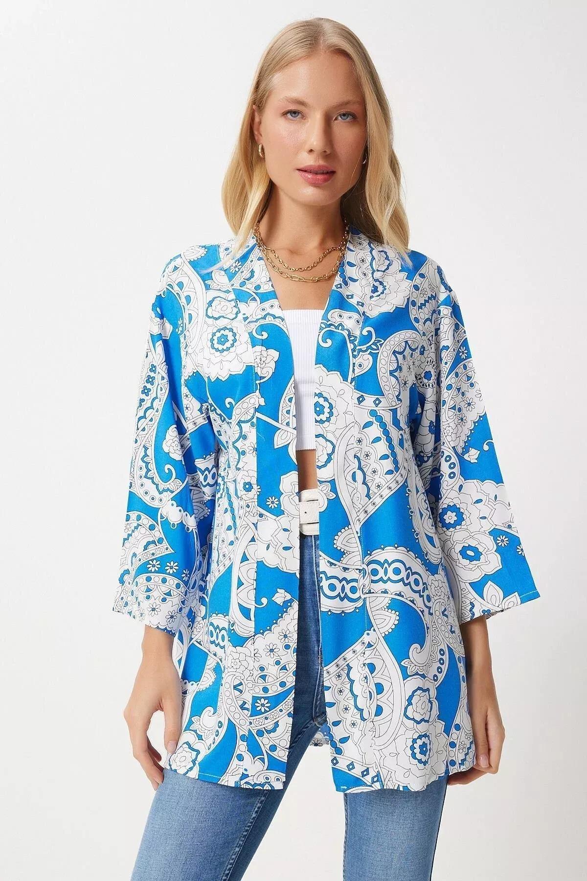 كيمونو بنمط منقوش، ألوان متعددة, Blue White, large image number 1