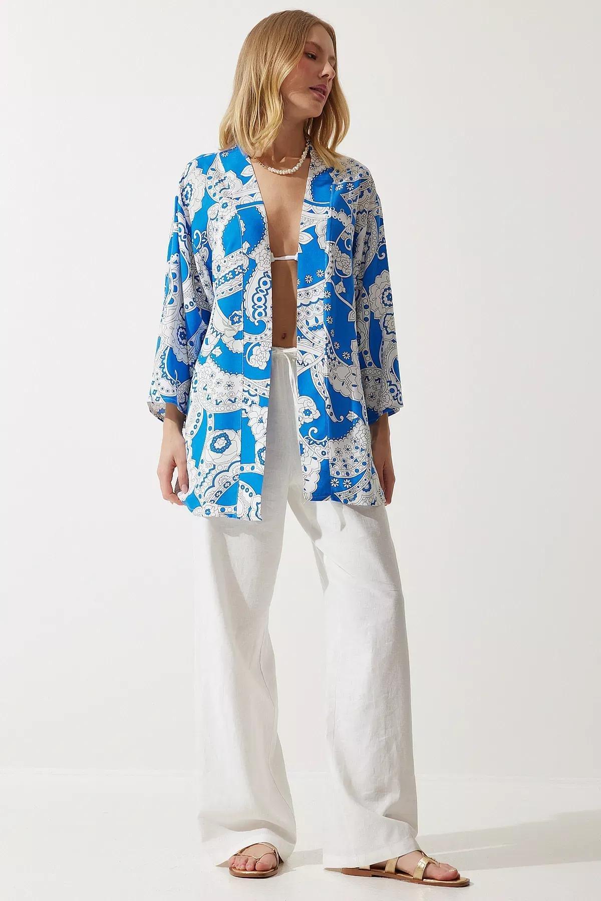 Blue Patterned Viscose Kimono EN00615, , large image number 2