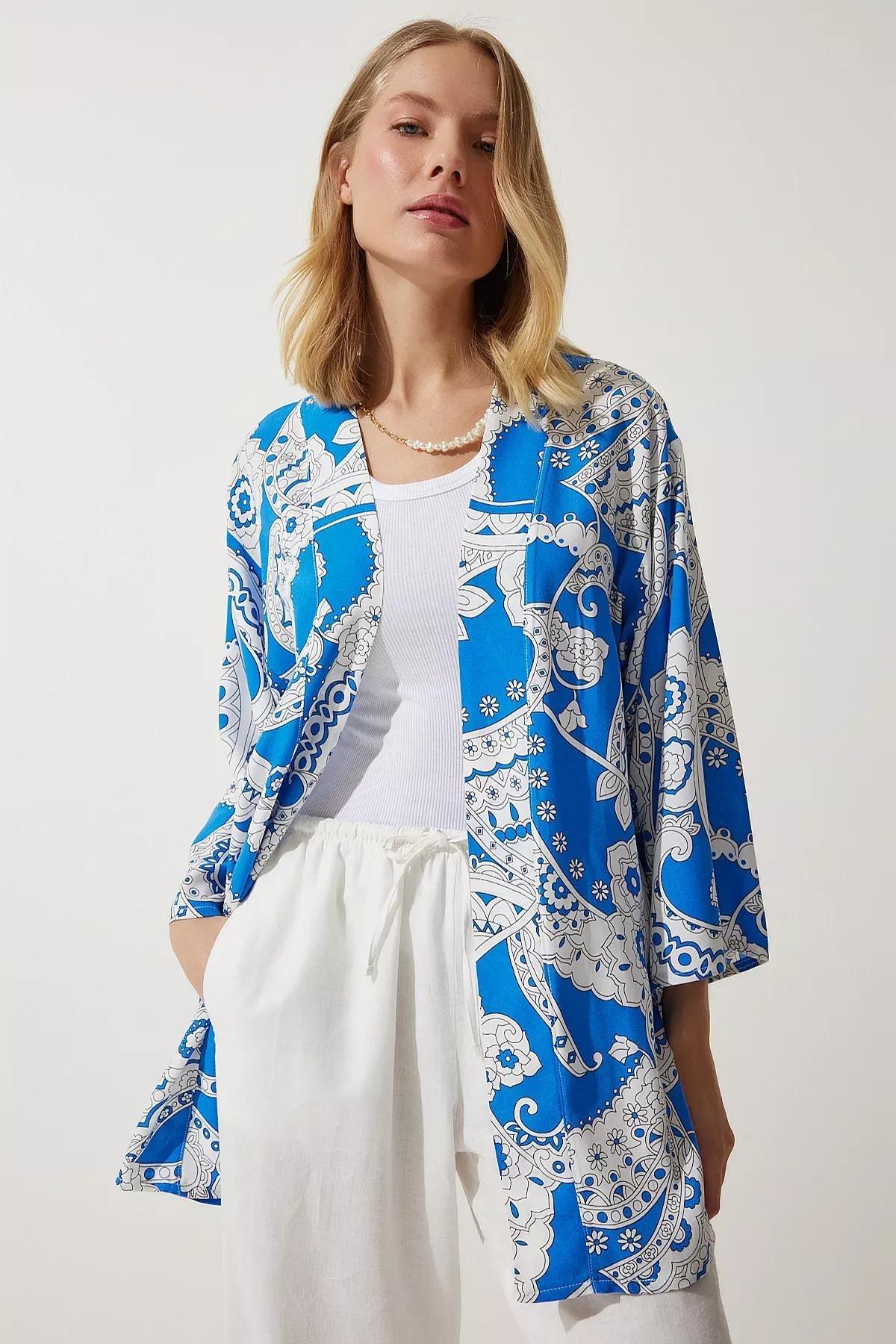Blue Patterned Viscose Kimono EN00615, , large image number 3