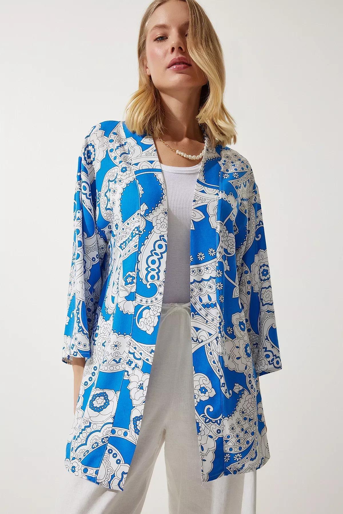 Blue Patterned Viscose Kimono EN00615, , large image number 4