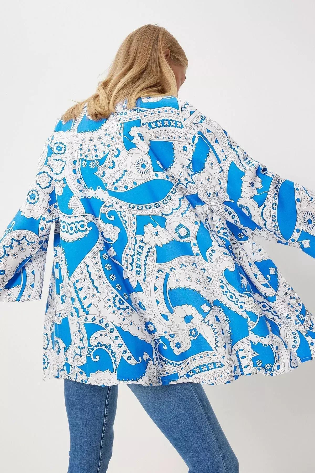 كيمونو بنمط منقوش، ألوان متعددة, Blue White, large image number 4