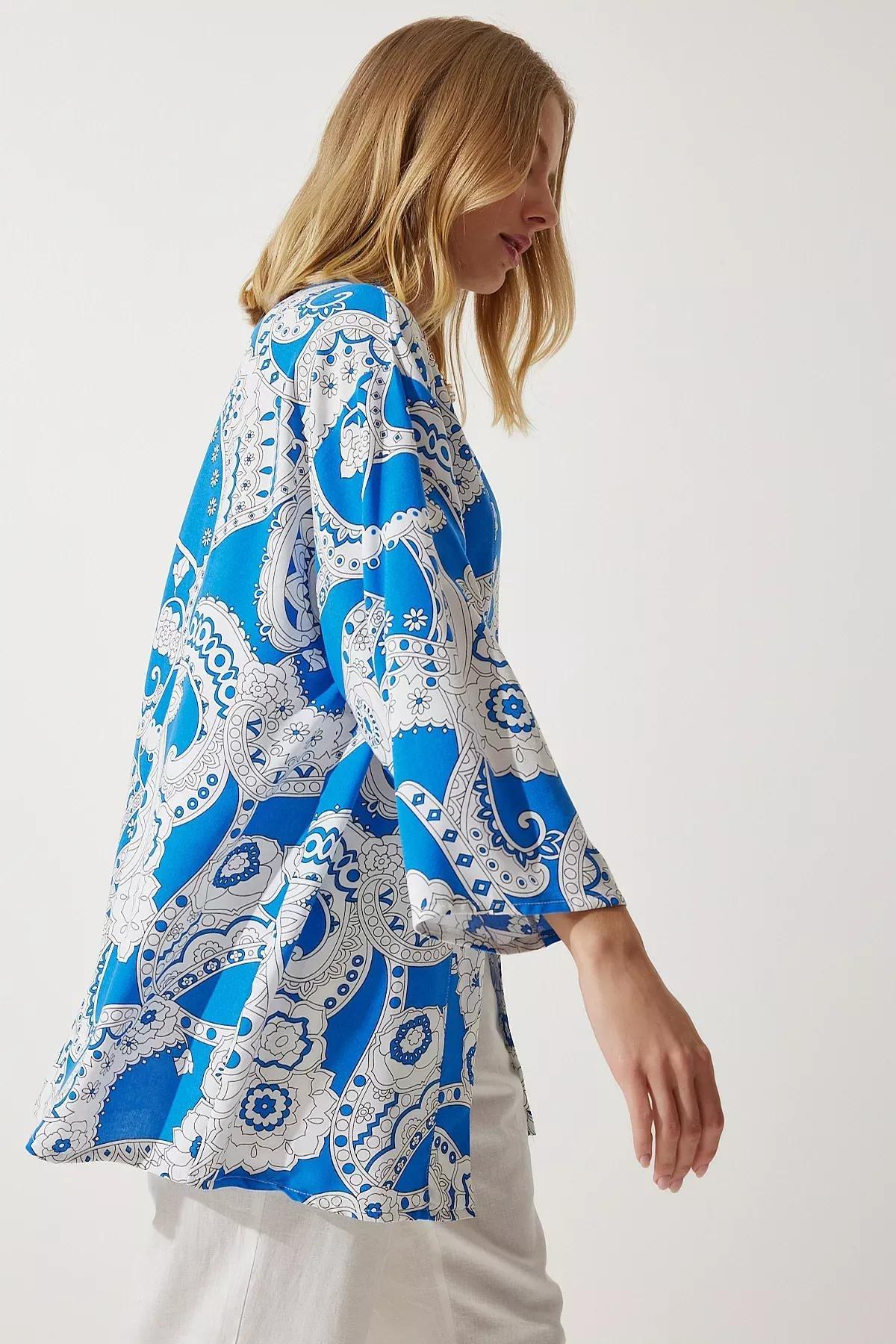 Blue Patterned Viscose Kimono EN00615, , large image number 5